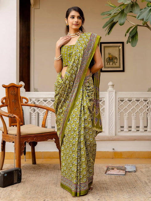 Vasthrlay Womens Printed Light Olive Green Saree With Unstitched Blouse Piece