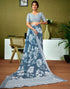 Vasthrlay Womens Cotton Printed Blue And White Saree With Unstitched Blouse Piece