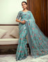 Vasthrlay Womens Printed Turquoise Saree With Unstitched Blouse Piece