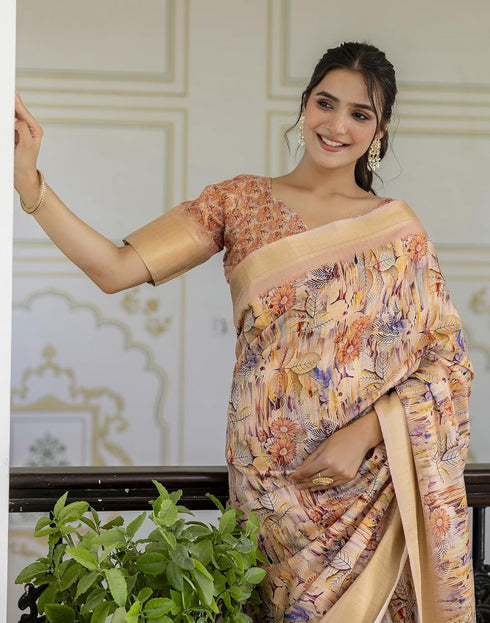 Vasthrlay Womens Striped Light Beige Saree With Unstitched Blouse Piece