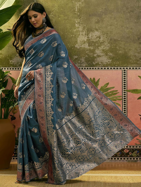 Vasthrlay Banarasi Weaving Unstitched Teal Saree