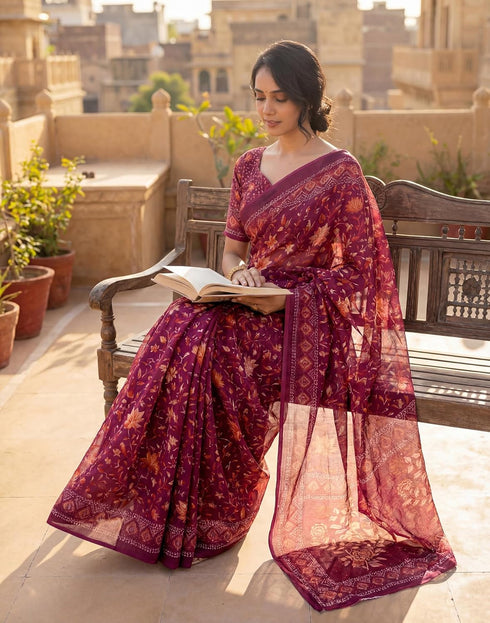 Vasthrlay Womens Printed Unstitched Purple Saree