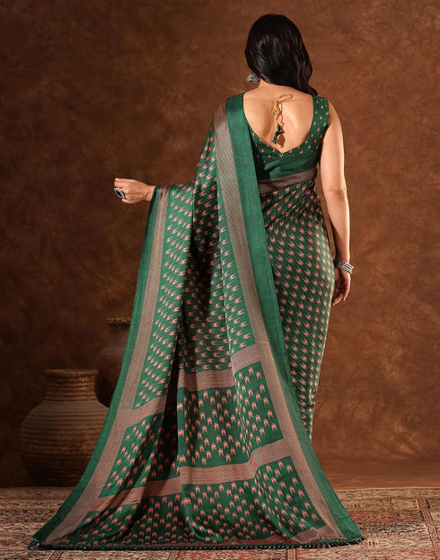 Vasthrlay Womens Printed Dark Green Saree With Unstitched Blouse Piece