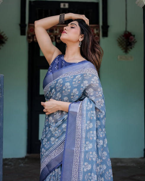 Vasthrlay Turquoise Floral Embroidered Saree