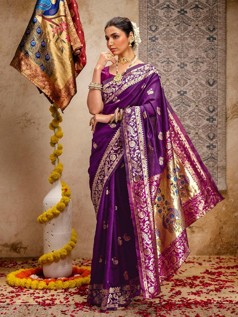 Vasthrlay Weaving Paithani Unstitched Maroon Saree