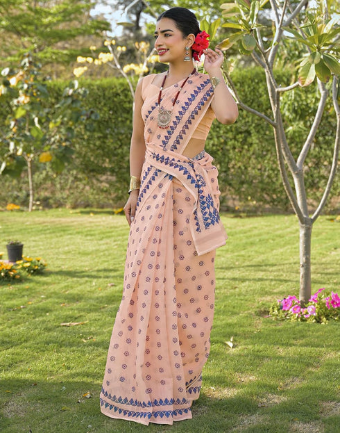 Vasthrlay Womens Printed Unstitched Peach Saree