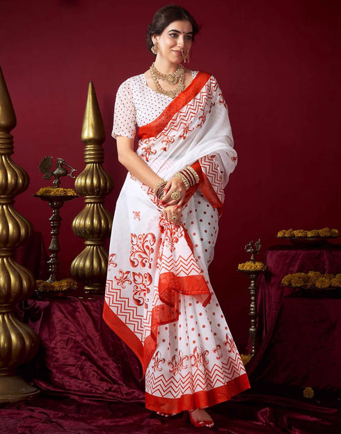 Vasthrlay Womens Printed Unstitched White Saree