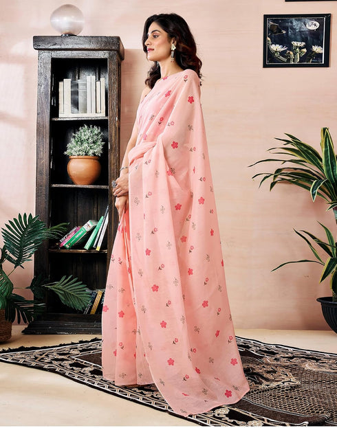 Vasthrlay Chanderi Printed Light Peach Saree With Unstitched Blouse Piece
