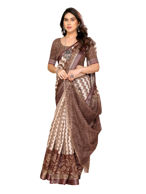 Vasthrlay Brown Printed Unstitched Saree