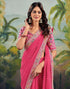 Vasthrlay Georgette Embroidery Pink Saree With Multicolour Unstitched Blouse Piece