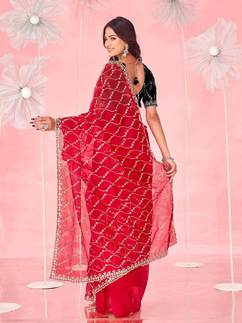 Vasthrlay Sequins Embroidery Red Saree
