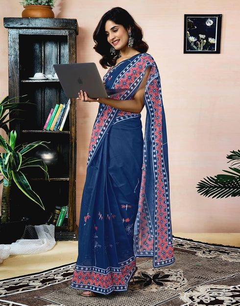 Vasthrlay Chanderi Printed Unstitched Orange Saree