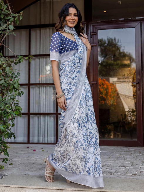 Vasthrlay Womens Printed Blue Saree With Blue Unstitched Blouse Piece