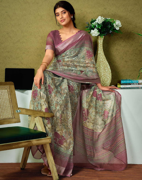 Vasthrlay Womens Cotton Printed Green And Wine Saree With Unstitched Blouse Piece