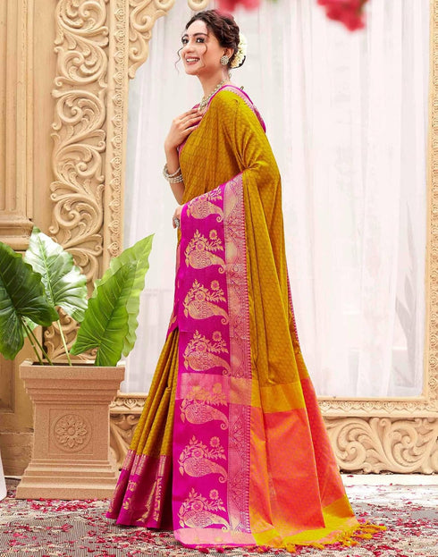 Vasthrlay Banarasi Jacquard Unstitched Mustard Saree