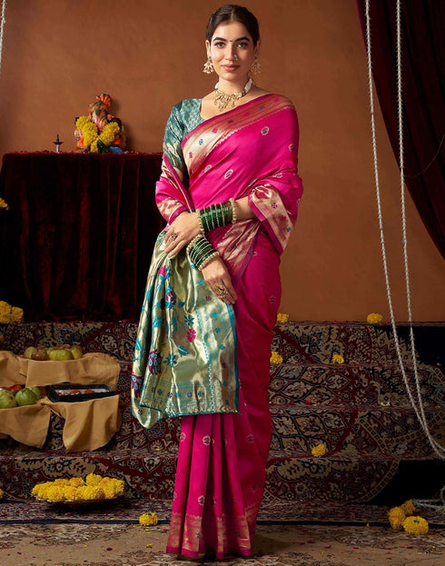 Vasthrlay Womens Paithani Unstitched Pink Saree