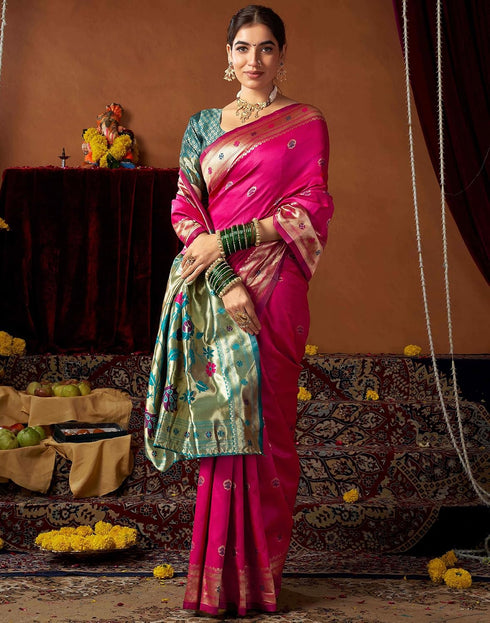 Vasthrlay Womens Paithani Magenta Saree With Green Unstitched Blouse Piece