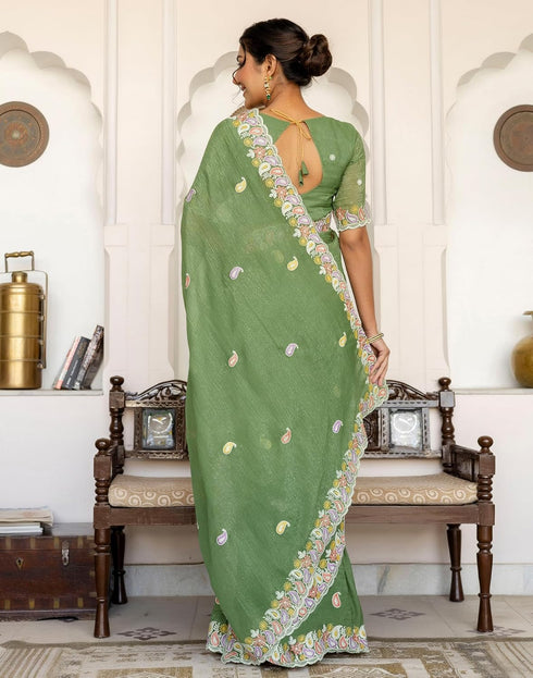Vasthrlay Embroidery Scalloped Unstitched Maroon Saree