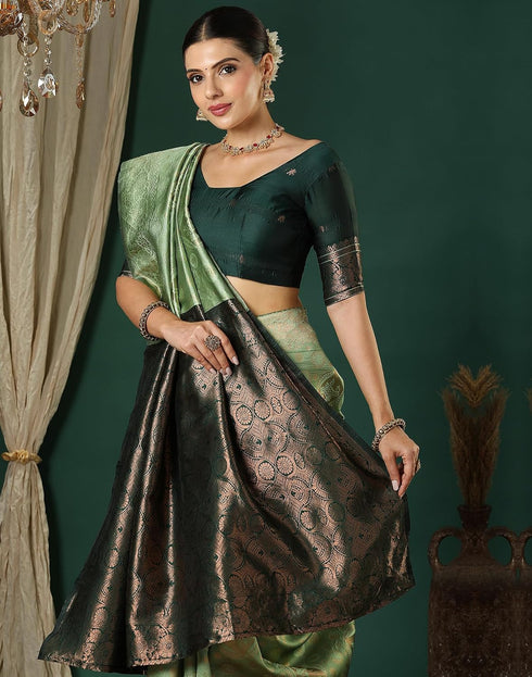 Vasthrlay Banarasi Kanjivaram Light Green Saree With Unstitched Blouse Piece