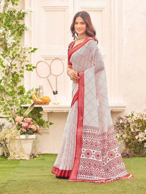 Vasthrlay Womens Printed White Saree With Unstitched Blouse Piece