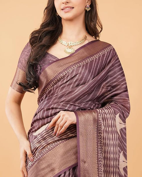 Vasthrlay Taupe Geometric Print Polyester Saree With Dull Gold Zari Border And Unstitched