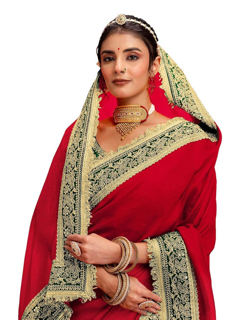 Vasthrlay Vichitra Embroidery Unstitched Red Saree