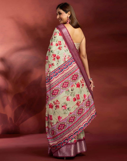 Vasthrlay Printed Jacquard Unstitched Rama Green Saree