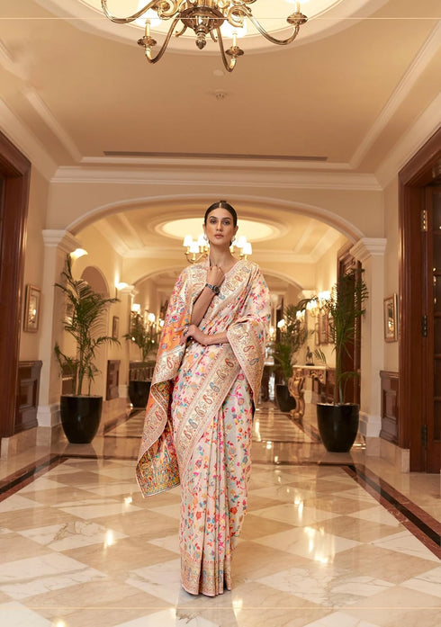 VasthrlayKanjivaram Unstitched Kashmir Cream Free Ethnic Wear