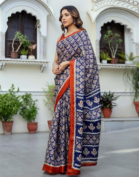 Vasthrlay Womens Printed Blue And Orange And Beige Saree With Unstitched Blouse Piece