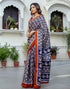 Vasthrlay Womens Printed Blue And Orange And Beige Saree With Unstitched Blouse Piece