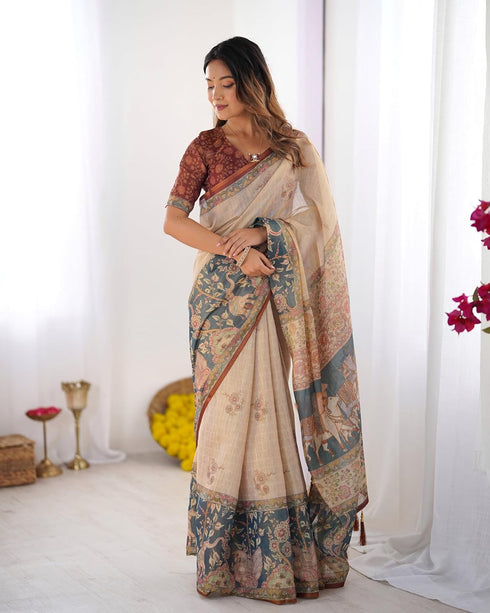 Vasthrlay Handloom Beige Blue Traditional Saree