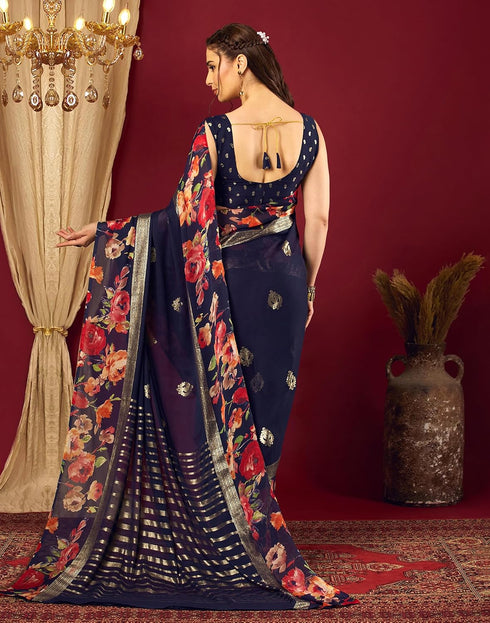 Vasthrlay Georgette Printed Navy Blue Saree With Unstitched Blouse Piece