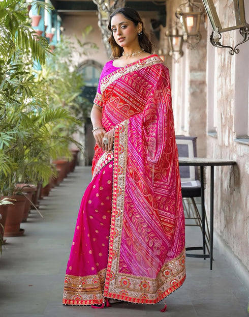 Vasthrlay Bandhani Embroidery Unstitched Pink Saree
