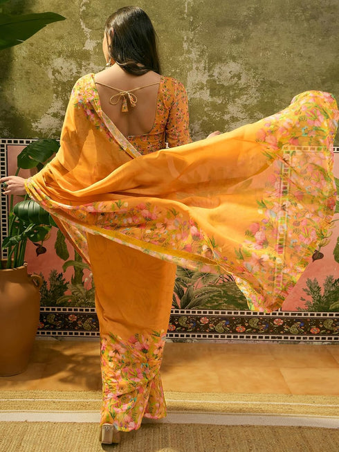 Vasthrlay Georgette Printed Teal Saree