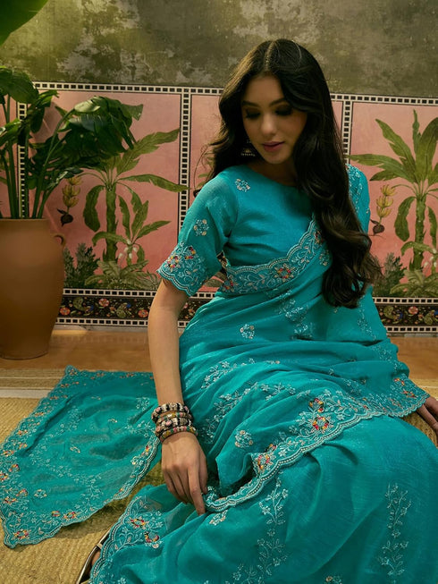 Vasthrlay Shimmer Embroidery Turquoise Saree