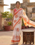 Vasthrlay Womens Printed White | Rust Saree With Unstitched Blouse Piece