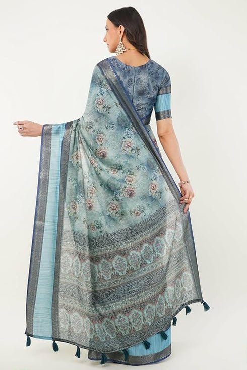 Vasthrlay Cerulean Blue Patchwork Print Polyester Saree With Zari Border And Unstitched Blouse Piece