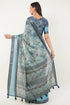 Vasthrlay Cerulean Blue Patchwork Print Polyester Saree With Zari Border And Unstitched Blouse Piece