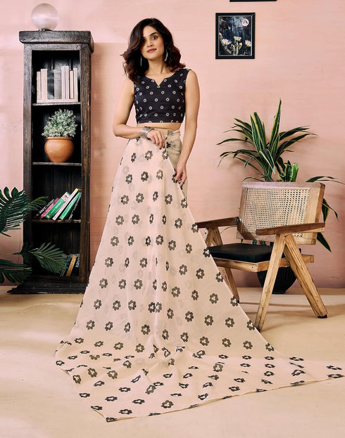 Vasthrlay Chanderi Printed Beige And Black Saree With Unstitched Blouse Piece