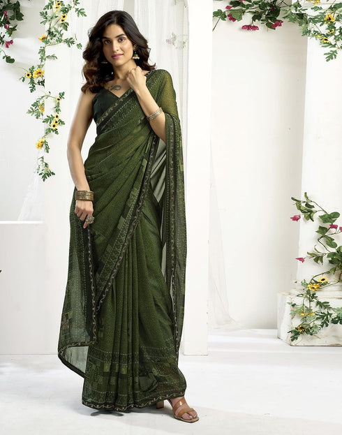 Vasthrlay Georgette Printed Olive Green Saree With Unstitched Blouse Piece