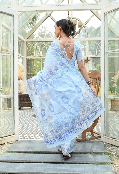 Vasthrlay Cotton Printed Mulmul Blue Saree