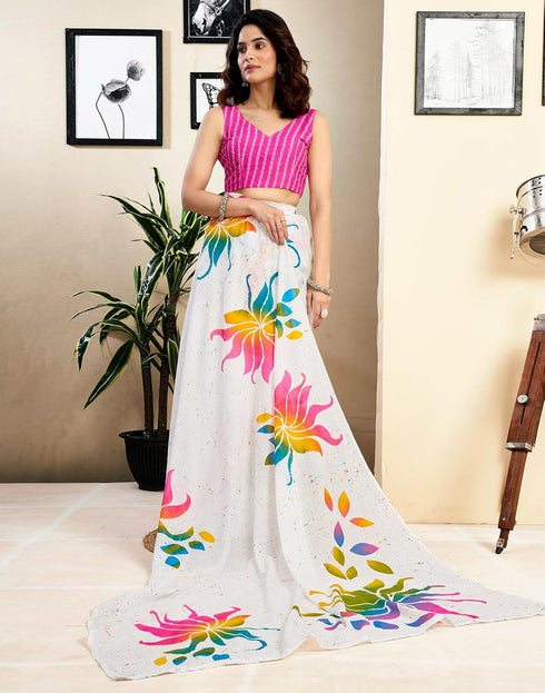 Vasthrlay Womens Printed Unstitched White Saree