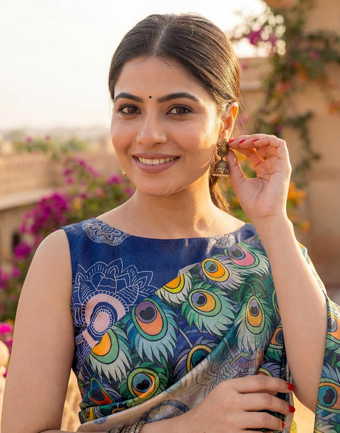 Vasthrlay Womens Printed Peach | Multi Saree With Unstitched Blouse Piece