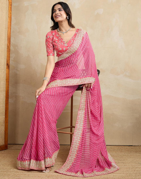 Vasthrlay Georgette Bandhani Unstitched Dark Green Saree