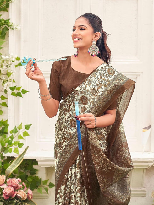 Vasthrlay Womens Printed Off-White Saree With Brown Unstitched Blouse Piece