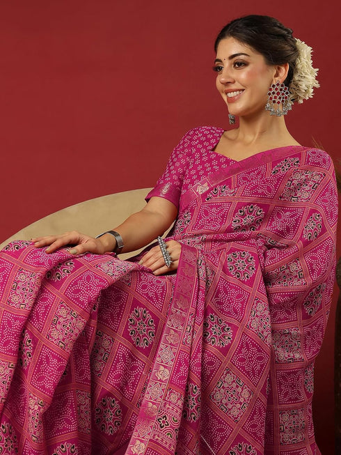 Vasthrlay Georgette Bandhani Unstitched Pink Saree