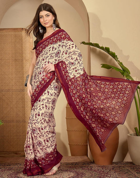 Vasthrlay Womens Printed Unstitched Maroon Saree