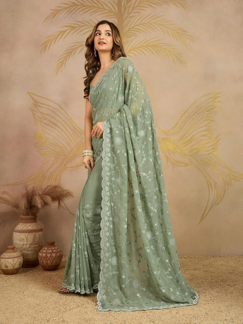 Vasthrlay Geogette Embroidery Unstitched Lightgreen Ethnic Wear