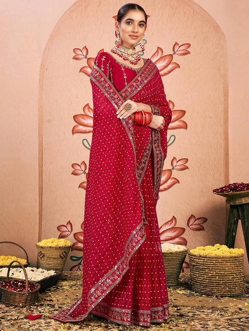 Vasthrlay Embroidery Bandhani Unstitched Rama Green Saree