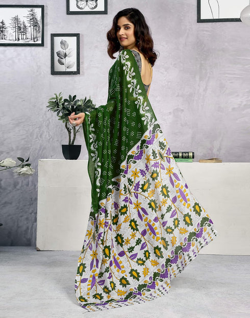Vasthrlay Womens Printed Green Saree With Black Unstitched Blouse Piece
